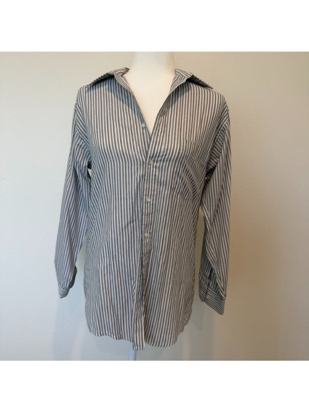 Men's Relaxed Cotton Blend White Gray Striped Button Down Shirt Size Small